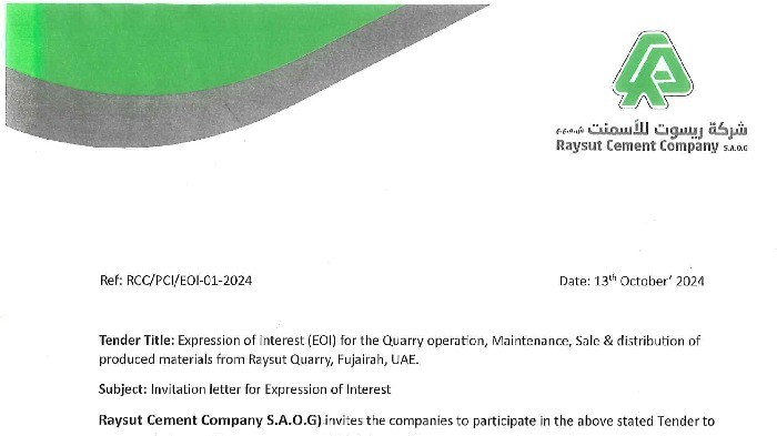 Expression of Interest (EOI) for the Quarry operation, Maintenance, Sale & distribution of produced materials from Raysut Quarry, Fujairah, UAE.